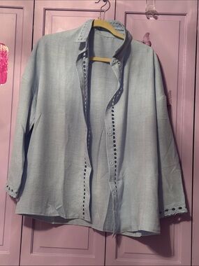 Light Blue Women's Eyelet-Trim Button Jacket